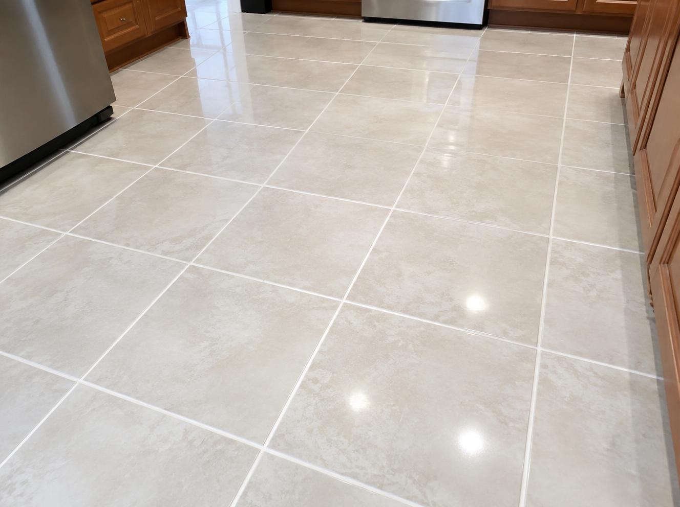Clean kitchen tile floor with bright grout lines